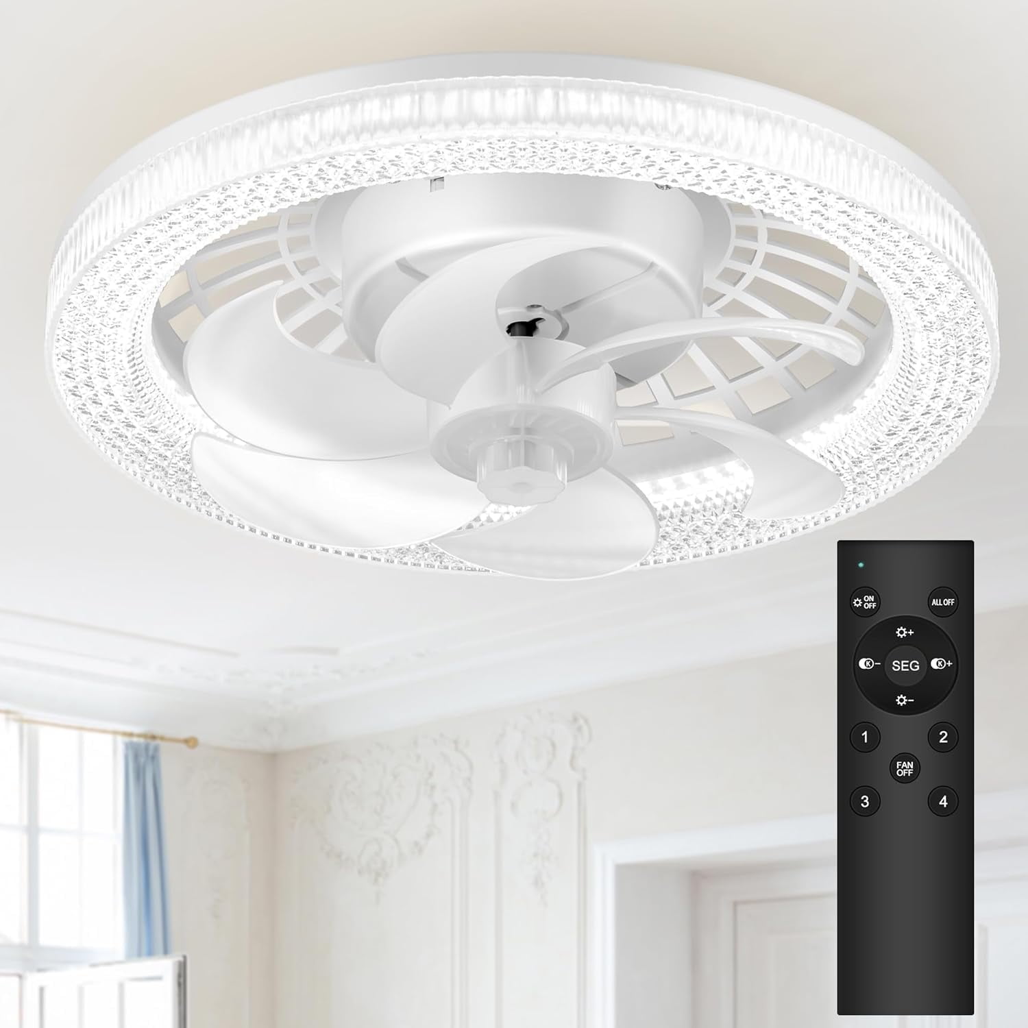 13 Inch Socket Ceiling Fans with Lights and Remote, Flush Mount Small Caged Ceiling Fan with DC Motor, 4-Speed, Low Profile Ceiling Fan with LED Light Chandelier for Bedroom