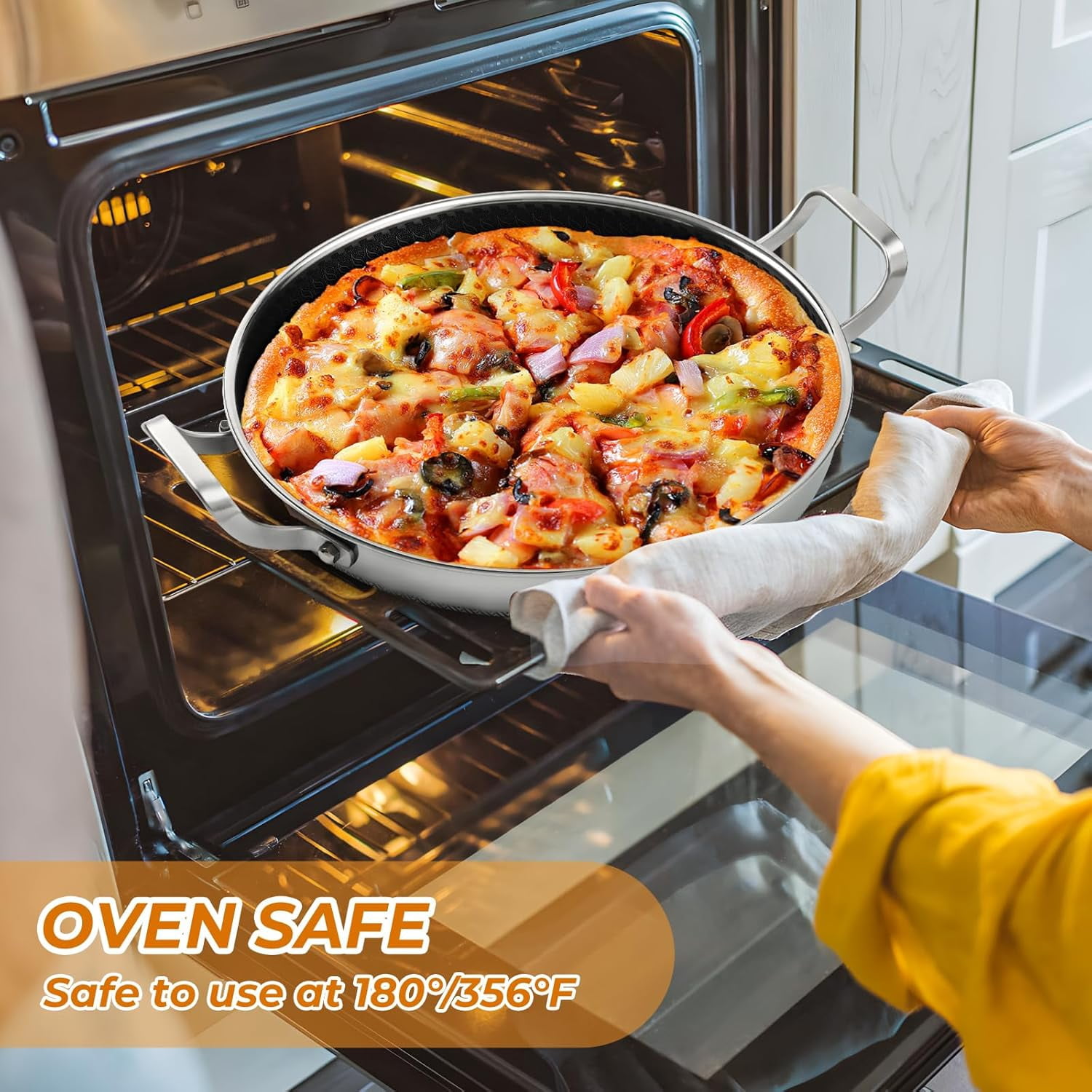 13 Inch Stainless Steel Frying Pan with Lid, Non Stick Cookware for All Stovetops