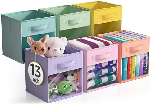 13 Inch Storage Bins with Clear Window - 6 Foldable Baskets for Organizing Clothes, Toys, Books - Sturdy Collapsible Fabric Storage Cubes with Handle - Storage Baskets for Shelves, Closets
