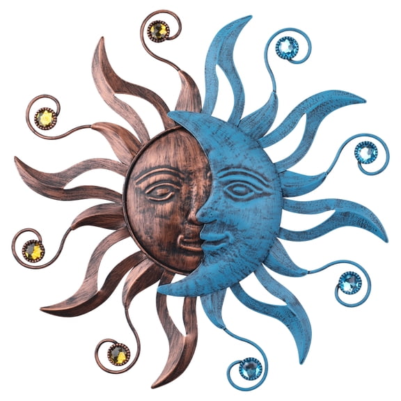 13 Inch Sun & Moon Metal Wall Decor – Copper & Blue Celestial Art with Acrylic Beads, Indoor/Outdoor Accent for Home, Garden & Patio,Outdoor Decor