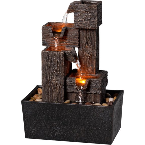 13 Inch Tabletop Water Fountain with LED Lights, Grain Tiered Design, Automatic Pump, River Rocks for Office Zen Relaxation Decor