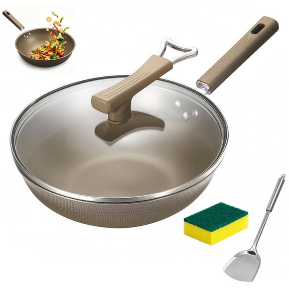 13 Inch Titanium Wok Pan with Lid, Flat Bottom Woks & Stir-Fry Pans No Chemical Coated Wok, Extended Cool-Touch Handle, Dishwasher Safe, Works on All Stovetops Including Induction