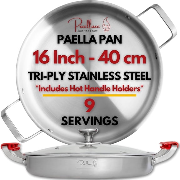 13 Inch Tri-Ply Stainless Steel Paella Pan with Lid for 6 Servings - Includes Hot Handle Holders - Induction, Oven and Dishwasher Safe Skillet, Indoor Outdoor Cooking Cacerola Paellera Sarten