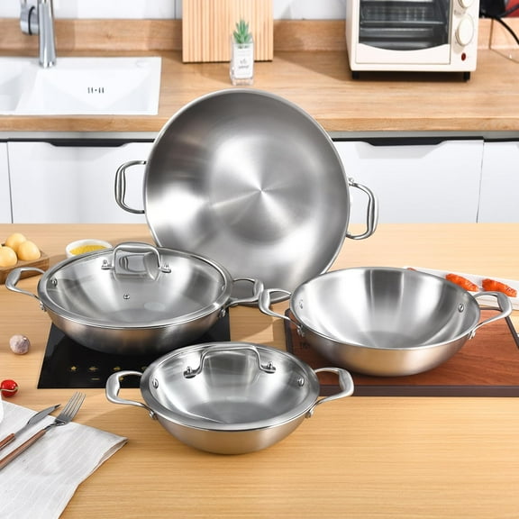 13 Inch Tri-Ply Stainless Steel Wok Pan with Lid, 5.5 Qt Induction Cooking Pot, Dishwasher and Oven Safe