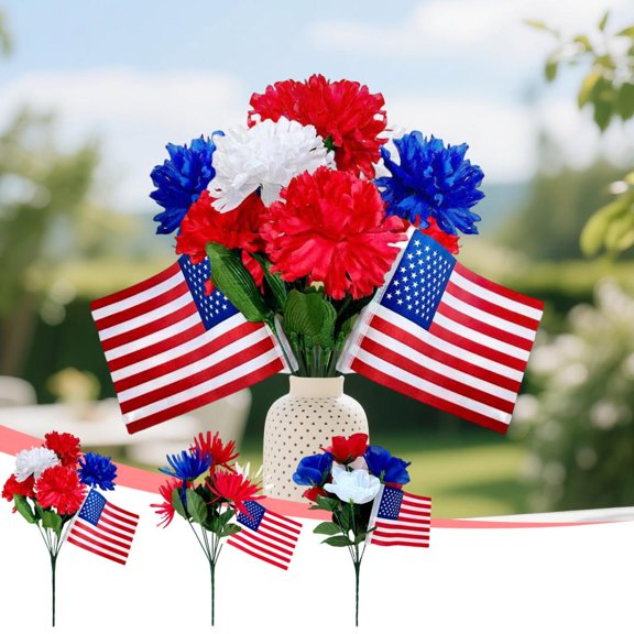 13 Inch, Tricolor Patriotic Artificial Flower Bouquet With Silk Rose Daisy And Carnation, Patriotic Tree Decoration For Independence Day Memorial Day Home Party And Family