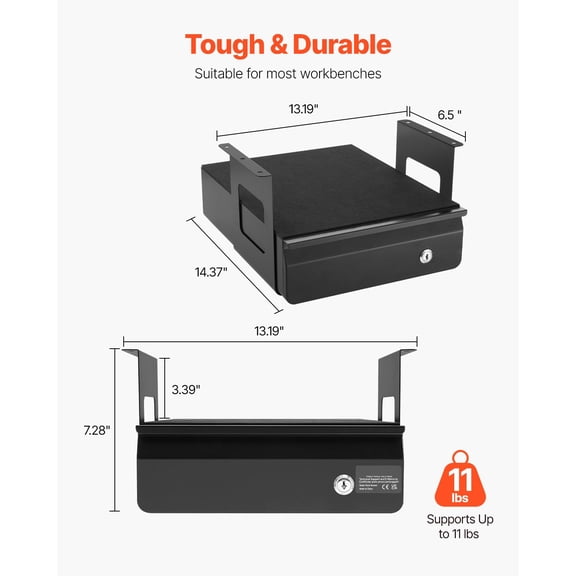 13 Inch Wide Under Desk Drawer Slide Out Mounted Pull Out Drawer Attachment Hidden Desktop Storage Organizer Lockable Under Table Pencil Drawer for Sit Stand Workstation 14x13x7 in
