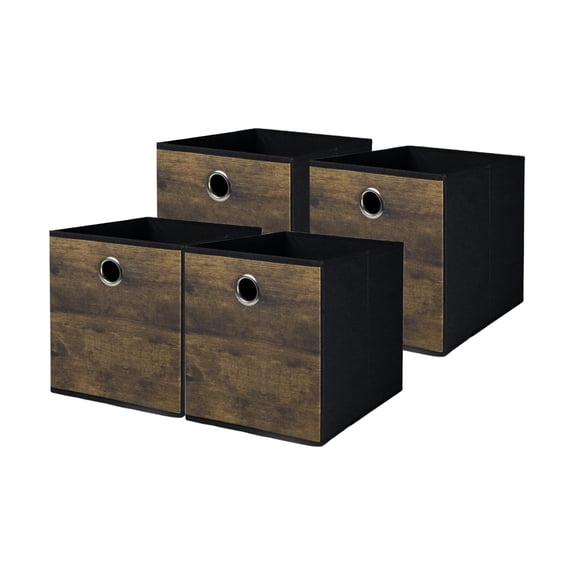13 Inch Wood Grain Storage Cube Bins, Fabric Baskets, 4-Pack