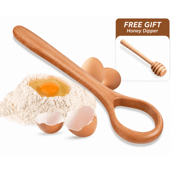 13-Inch Wooden Dough Whisk for Sourdough Bread, Danish Dough Mixer for Pizza, Cake & Pastry, Easy Mix & Clean, Ergonomic Handle, Includes 15cm Honey Dipper