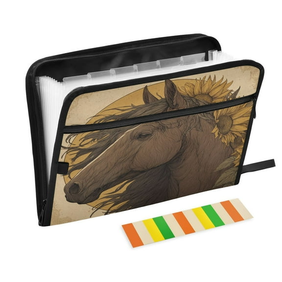 13 Individual Pockets Organ Folder Waterproof A4 Size File Folder Home Work Office Categorized Storage File Manager Brown Horse with Sunflower