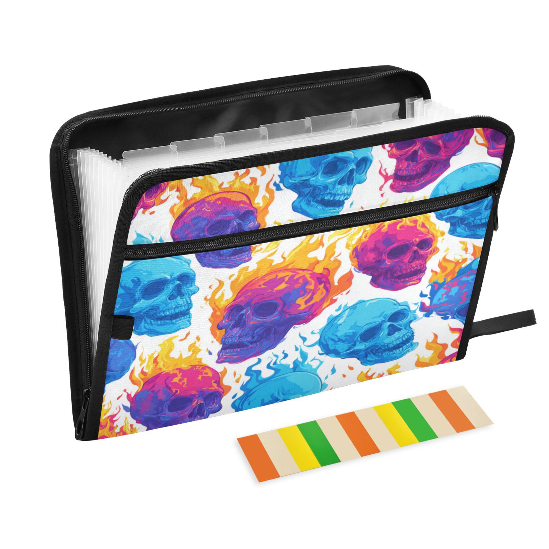 13 Individual Pockets Organ Folder Waterproof A4 Size File Folder Home Work Office Categorized Storage File Manager Colorful Skulls with Flames