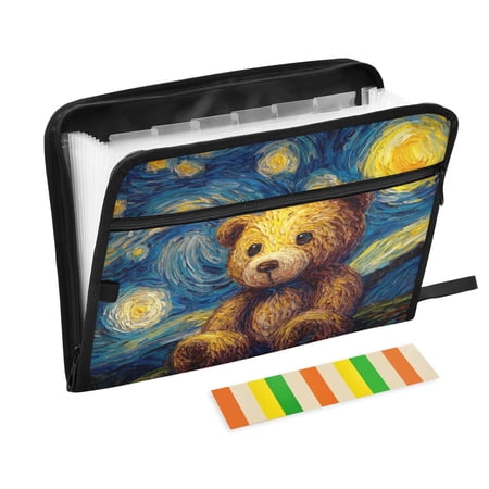 13 Individual Pockets Organ Folder Waterproof A4 Size File Folder Home Work Office Categorized Storage File Manager Cute Bear under The Stars