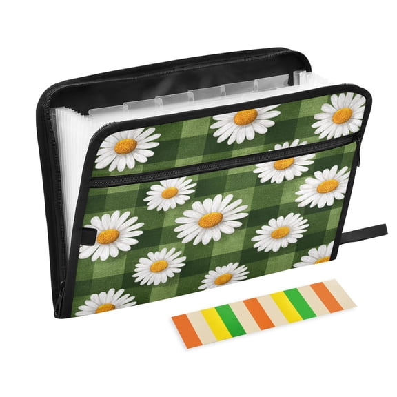 13 Individual Pockets Organ Folder Waterproof A4 Size File Folder Home Work Office Categorized Storage File Manager Cute Daisies on A Green Checkered