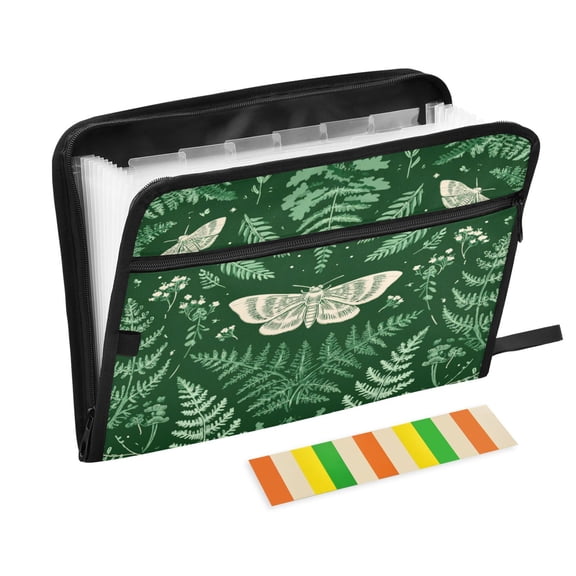 13 Individual Pockets Organ Folder Waterproof A4 Size File Folder Home Work Office Categorized Storage File Manager Green Ferns and Moths