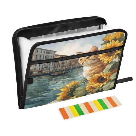 13 Individual Pockets Organ Folder Waterproof A4 Size File Folder Home Work Office Categorized Storage File Manager Orange Cat and Sunflower