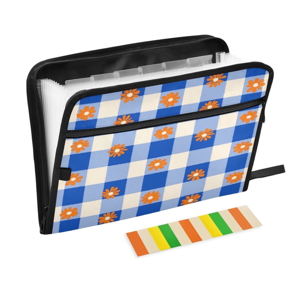 13 Individual Pockets Organ Folder Waterproof A4 Size File Folder Home Work Office Categorized Storage File Manager Orange Flowers on Checkered Pattern