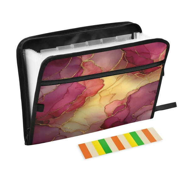 13 Individual Pockets Organ Folder Waterproof A4 Size File Folder Home Work Office Categorized Storage File Manager Red Marble Pattern