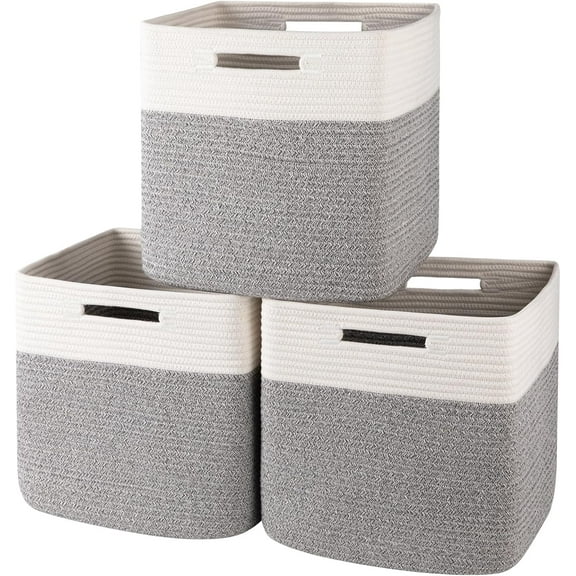 13 Kallax Inch Cube Storage Bins, 3-Pack Cotton Rope Woven Baskets for Organizing, Kallax Insert Storage Baskets for Shelves, Baby Nursery, Closet Organizer, 13 * 13 * 12.6IN, Grey & White