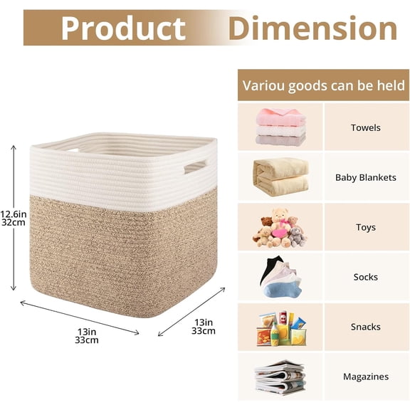 13 Kallax Inch Cube Storage Bins, 3-Pack Cotton Rope Woven Baskets for Organizing, Kallax Insert Storage Baskets for Shelves, Baby Nursery, Closet Organizer, 13*13*12.6IN, Brown & White