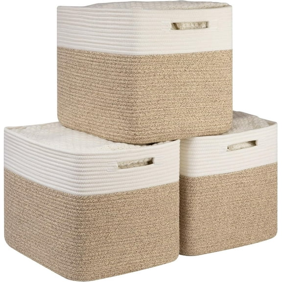 13 Kallax Inch Cube Storage Bins, 3-Pack Cotton Rope Woven Baskets for Organizing, Kallax Insert Storage Baskets for Shelves, Baby Nursery, Closet Organizer, 15*13*12.6IN, Brown & White