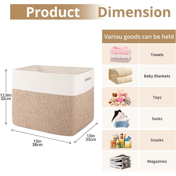 13 Kallax Inch Cube Storage Bins, 3-Pack Cotton Rope Woven Baskets for Organizing, Kallax Insert Storage Baskets for Shelves, Baby Nursery, Closet Organizer, 15 * 13 * 12.6IN, Brown & White