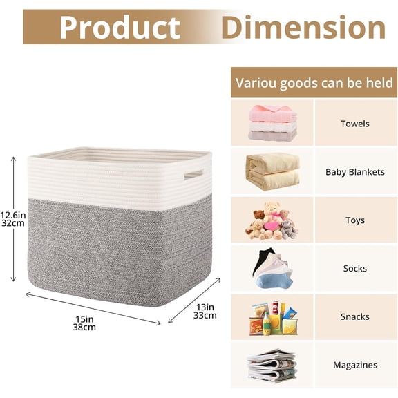 13 Kallax Inch Cube Storage Bins, 3-Pack Cotton Rope Woven Baskets for Organizing, Kallax Insert Storage Baskets for Shelves, Baby Nursery, Closet Organizer, 15 * 13 * 12.6IN, Grey & White
