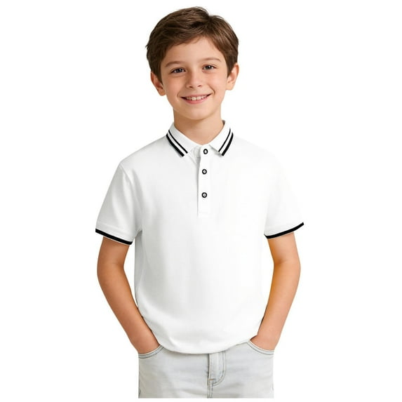 13 Kid Girl Boy Tops Shirts Kids Boys Short Sleeve Shirts School Uniform String Pique Striped Collared Tops 5-14 Years