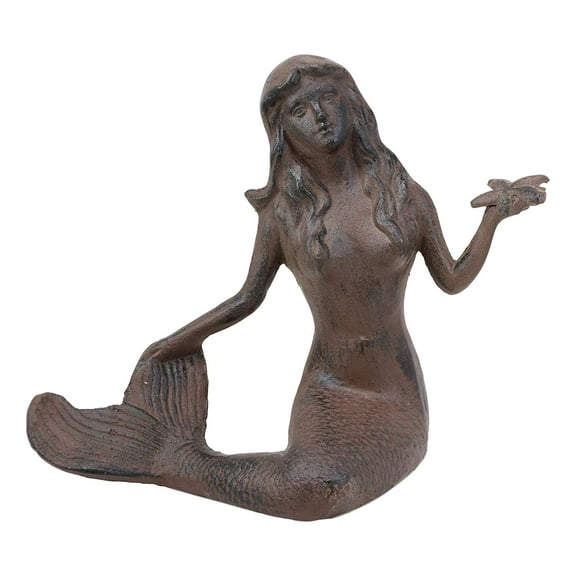 13"L Cast Iron Large Nautical Siren Mermaid Holding Starfish Statue Rust Finish