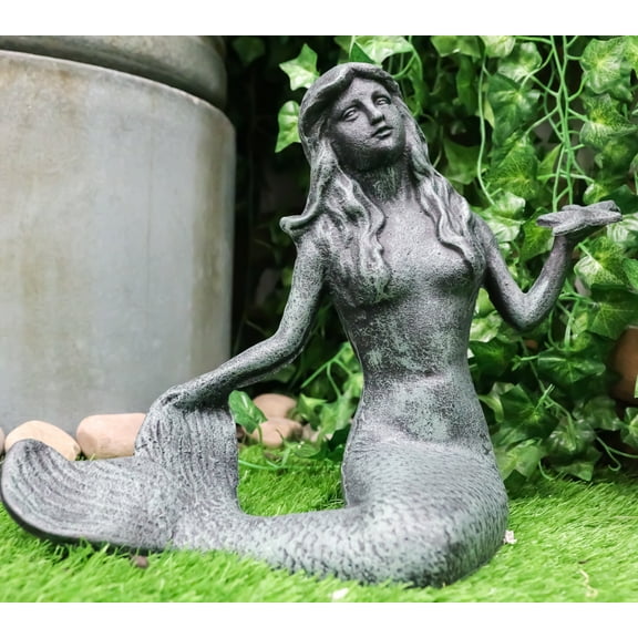 13"L Cast Iron Large Nautical Siren Mermaid Holding Starfish Verdi Green Statue