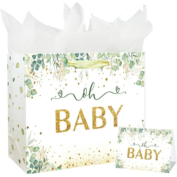 13" Large Baby Boy Girl Gift Bag for Baby Shower or Birthday with Handle, Tissue Paper and Greeting Card (13" Green)