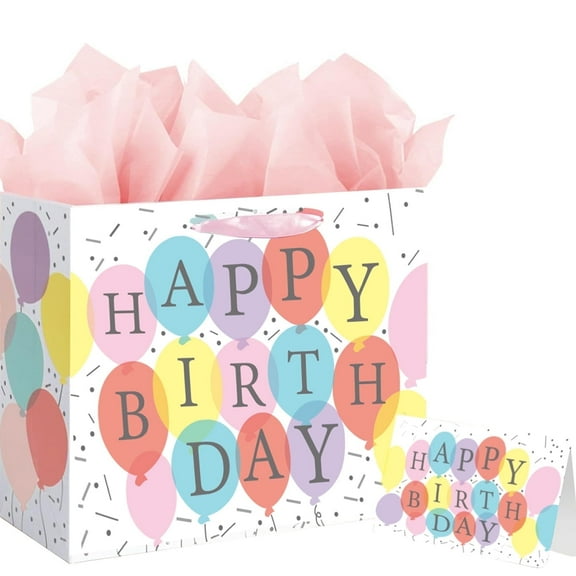 13" Large Birthday Gift Bag with Tissue Paper and Card for Baby Shower,Kids Birthday Party,Newborn,New Moms or Parents (Colourful Balloon)