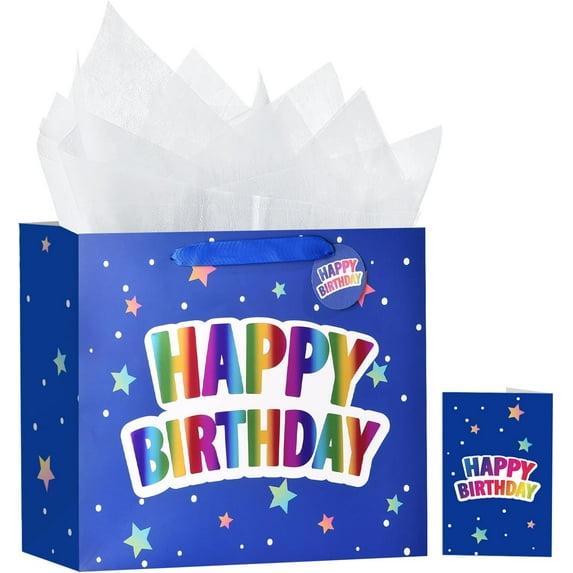 13" Large Blue Birthday Gift Bag with Card and Tissue Paper, Reusable Gift Wrap Bag for Birthday, Party, Heartfelt Design with Handles(Colorful Happy Birthday)