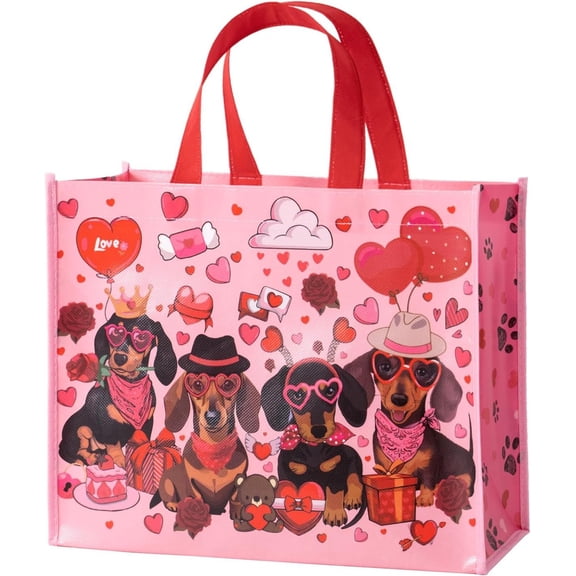 13" Large Dachshund Valentine's Day Bag with Handles - Love Dachshund Bag for Valentine's Day, Wedding and Anniversary