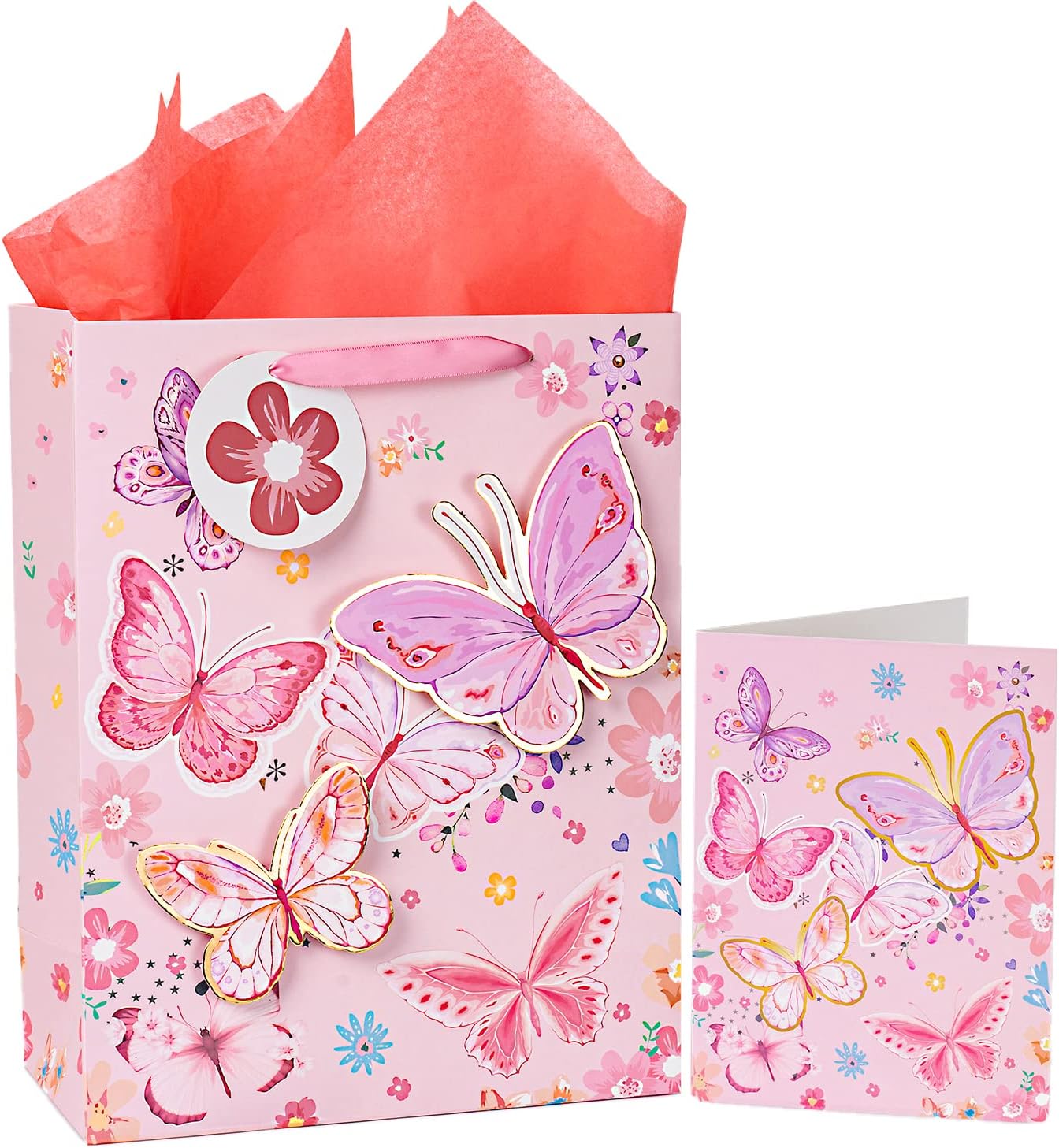 13" Large Gift Bag with Greeting Card and Tissue Paper Pink Butterfly