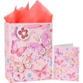 13" Large Gift Bag with Greeting Card and Tissue Paper Pink Butterfly