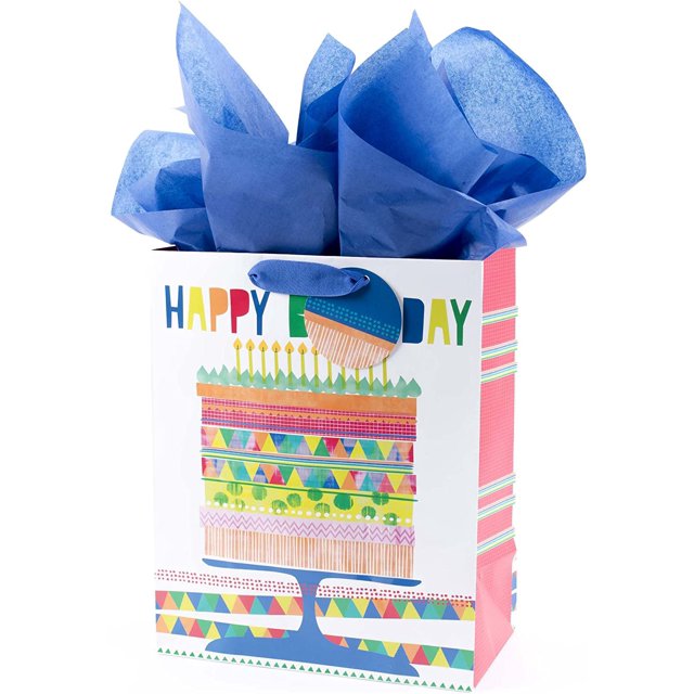 13" Large Gift Bag with Tissue Paper (Bright Cake) for Birthdays