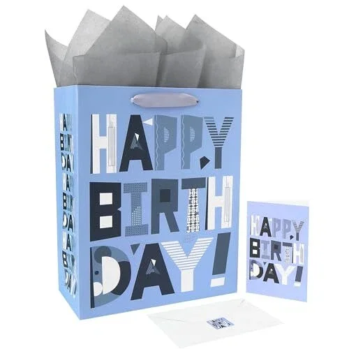 13" Large Gift Bags Set With Greeting Card And Tissue Papers (Grey Silvery