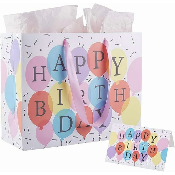 13" Large Happy Birthday Gift Bag Paper Birthday Gift Bag with Tissue Paper Handle Greeting Card for Women Men Birthday Party Gathering Promotions Family Colourful Balloon 10.24x12.99 Inch diy