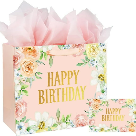 13" Large Happy Birthday Gift Bag with Card and Tissue Papers, Floral Design for Women Girls Birthday Party (13" Pink)