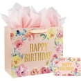 thumbnail image 1 of 13" Large Happy Birthday Gift Bag with Card and Tissue Papers, Handles Floral Design for Women Girls Birthday Party (13" Pink), 1 of 4