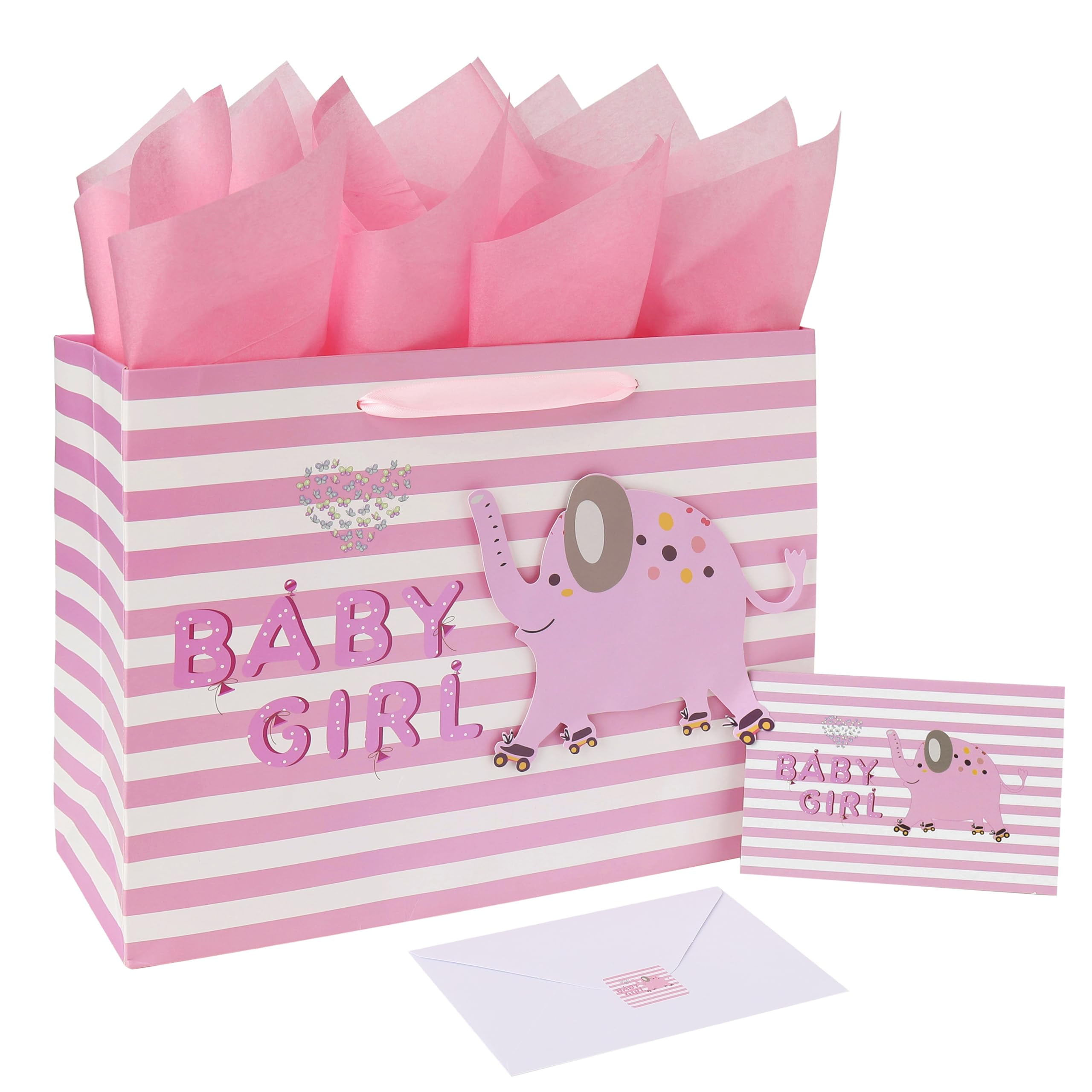 Large Pink Gift Bag Set - Includes Greeting Card, Tissue Paper, Stickers, 10.2x5.2x13 Inches, For Birthdays, Baby Showers, Parties
