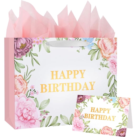 13" Large Size Happy Birthday  Bag Metallic  Happy Birthday Sign with Floral Peony Flower  Retro  Bag with Greeting Card and Tissue Paper and Handle for Girls Women Bday