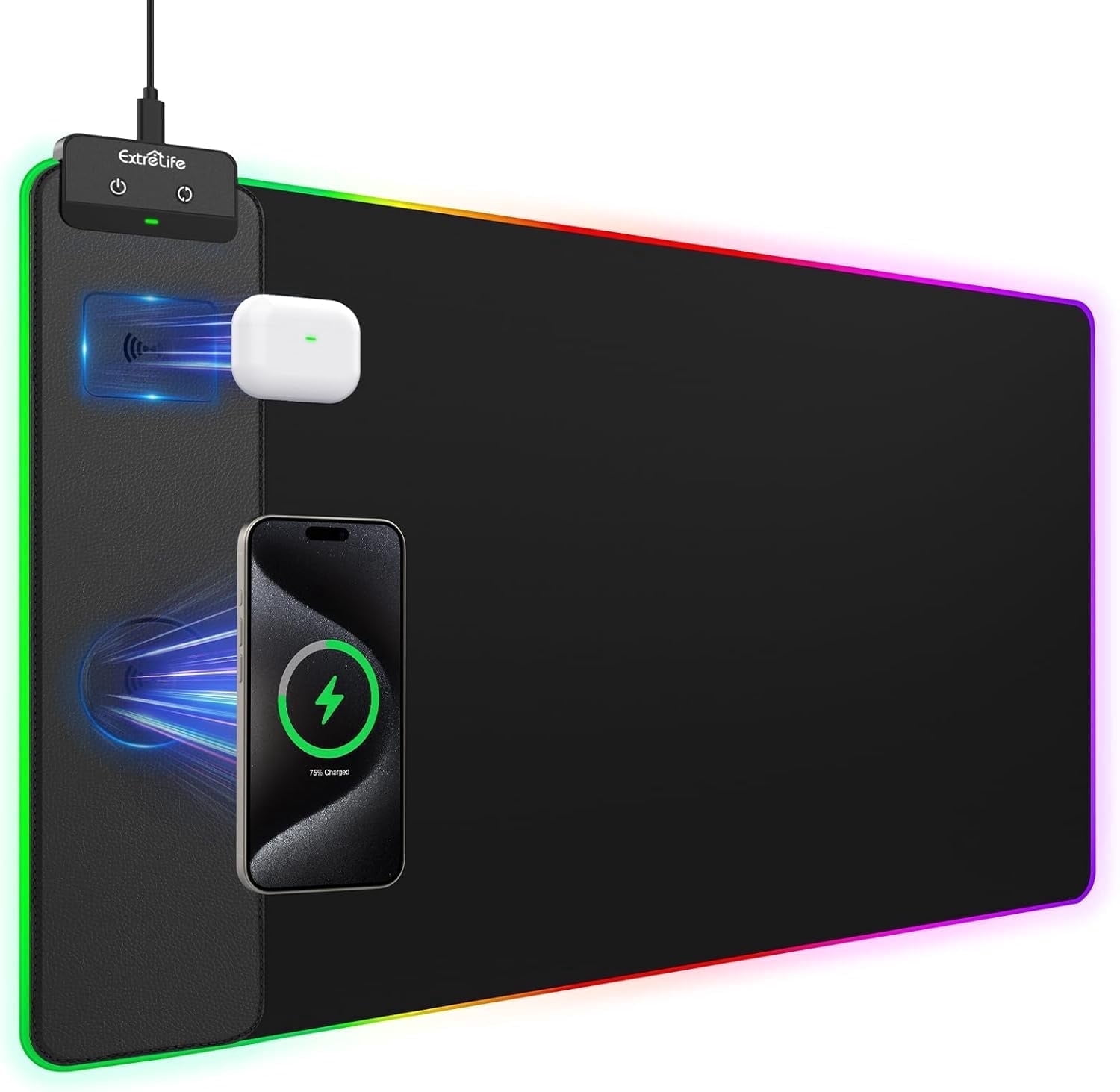ExtreLife RGB Gaming Mouse Pad Magnetic Wireless Charging, LED Large Desk Mat with Ultra-Smooth Surface, Non-Slip Rubber Base, Waterproof Keyboard Pad