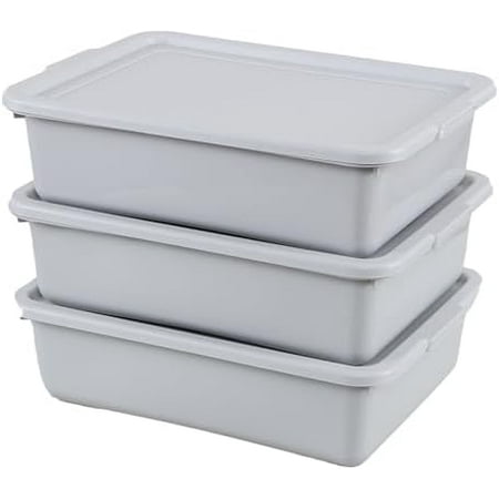 13 Liter Plastic Bus Tubs with Lids, Commercial Tote Box Set of 3, Grey$$Storage