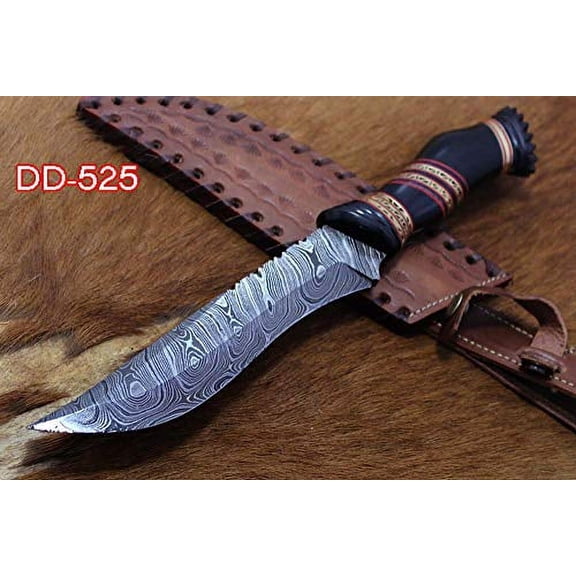 13" Long Hand Forged Damascus Steel Skinning Knife, Engraved Rose Wood Scale Crafted with Engraved Brass & Camel Bone Spacer Hunting Knife, Cow Leather Sheath with Belt Loop (Bull Horn)