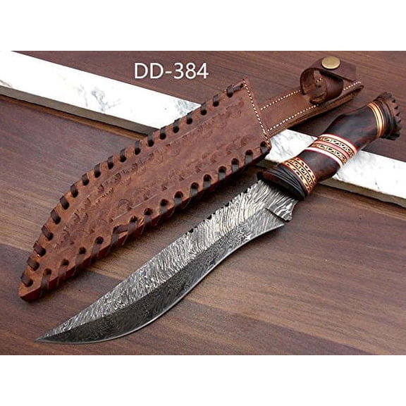 13" Long hand forged Damascus steel skinning knife, Engraved Rose wood scale crafted with engraved brass & Camel bone spacer hunting knife, Cow Leather sheath with belt loop