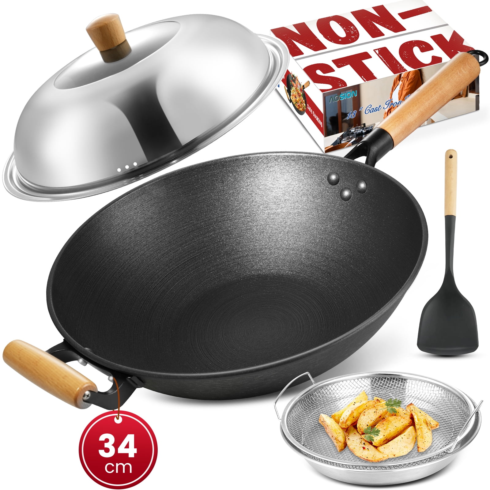 13'' Nonstick Wok, Cast Iron Wok with Lid, 5 PCS Wok Pan & Stir-Fry Pans Set with Oil Filter Tray and Spatula, No Chemical Coated Flat Bottom Chinese Woks Pan for All Stoves