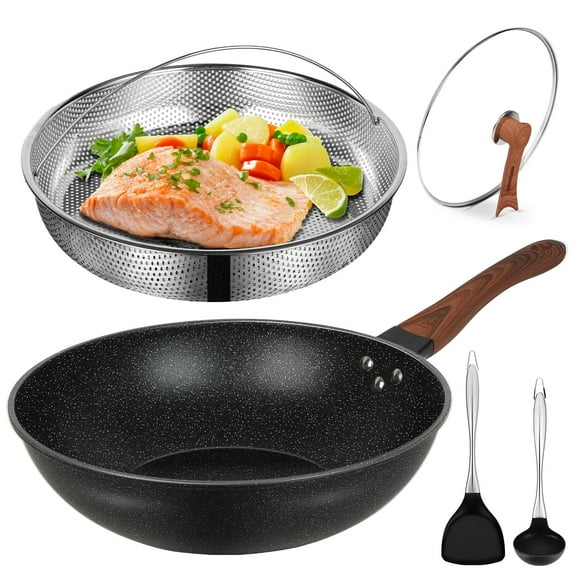 13'' Nonstick Wok, Woks & Stir-Fry Pans Non Stick Wok with Lid and Steamer Basket Spatula Ladle,Induction Wok Pan for Electric, Gas, Halogen, All Stoves