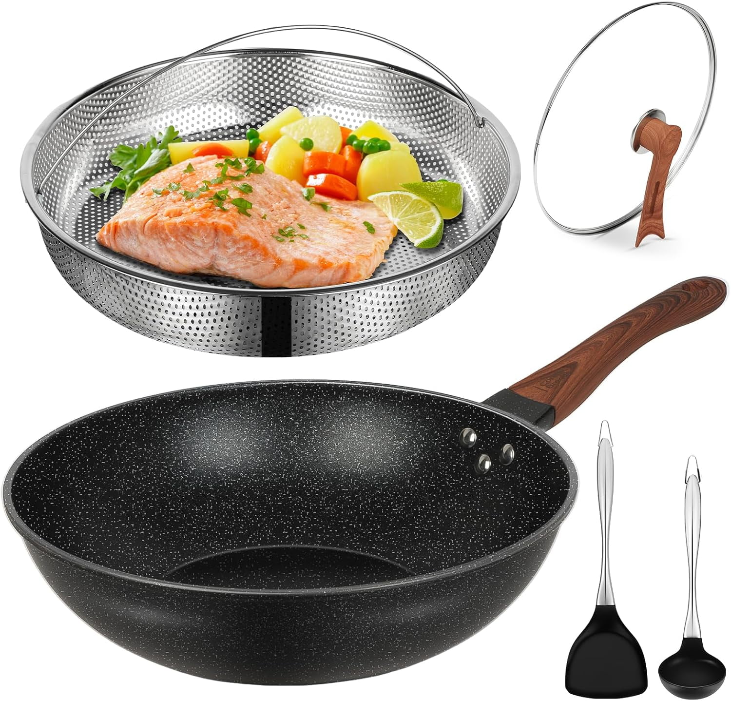 13'' Nonstick Black Wok with Lid and Steamer Basket