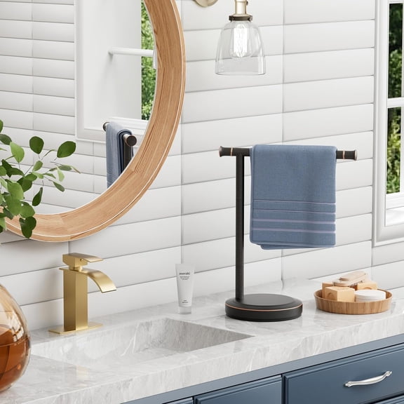 13" Oil Rubbed Bronze Stand Hand Towel Holder Bathroom Kitchen Countertop Towel Rack Towel Bar Ring Free Standing Counter T Bath Accessories Freestanding Vanity Sink Hardware Stainless Steel