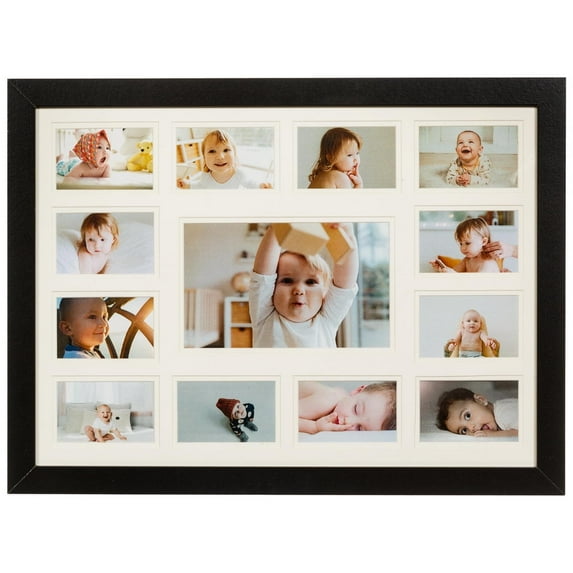 13 Opening Collage Picture Frame K-12 with Double White Mat - Displays One 4x6 and Twelve Wallet Size 2.5x3.5 - Wall Mounting, Landscape, Portrait - Black